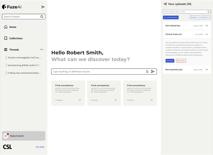 FuzeAI workspace — full three-rail concept