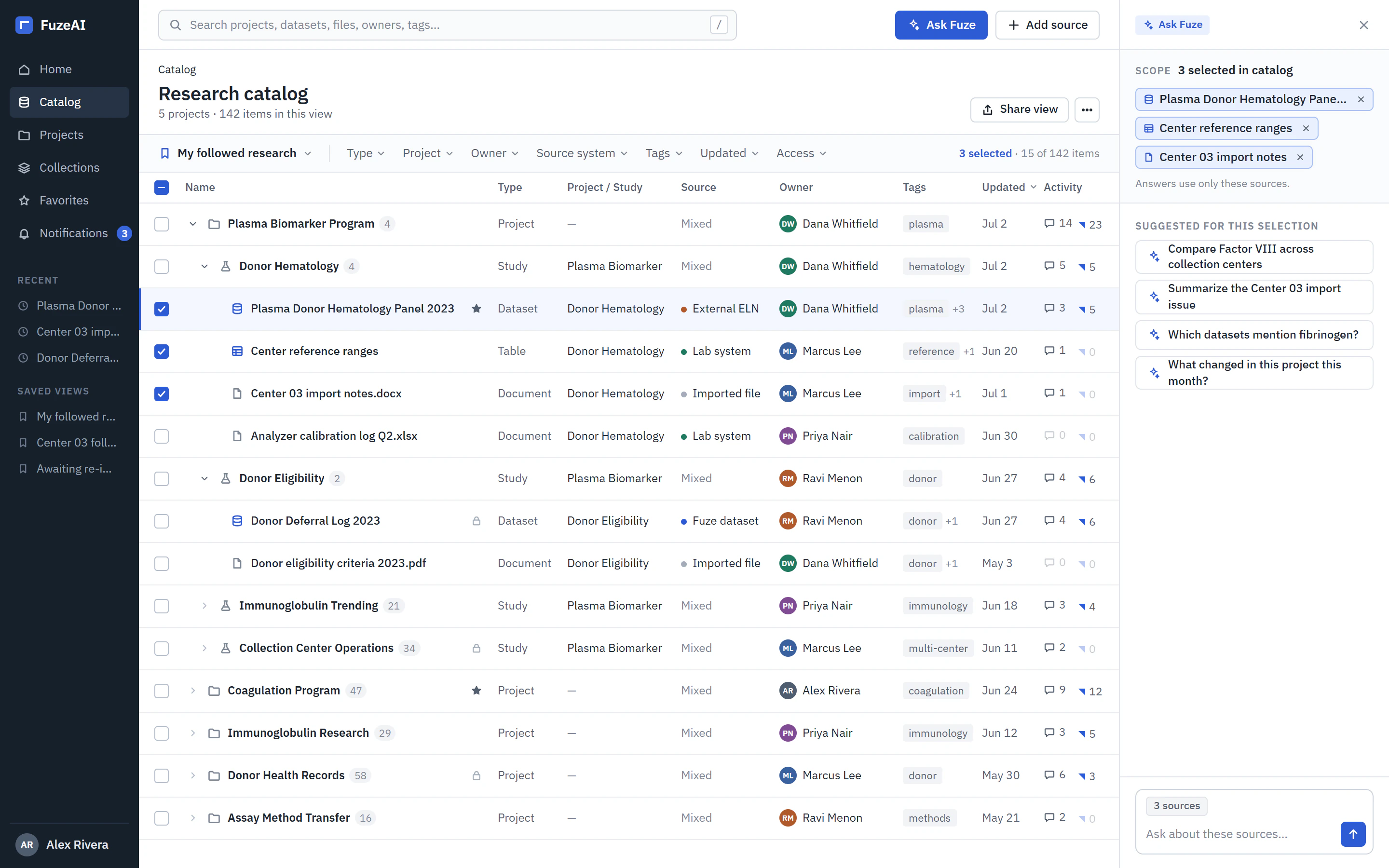 FuzeAI concept catalog: a nested table of projects, studies, datasets, tables and documents with source, owner, tags and activity columns. Three checked rows appear as the scope in an Ask Fuze panel on the right, with suggested prompts.