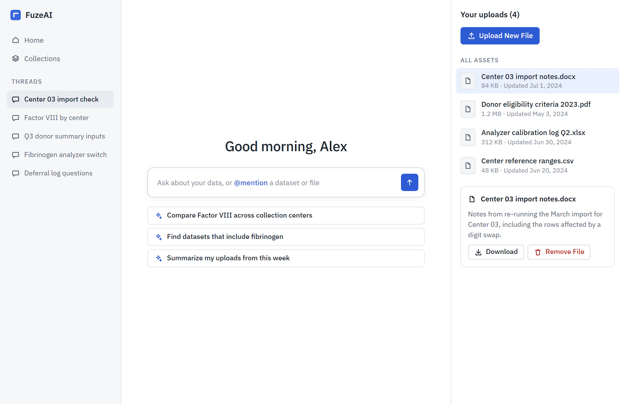 FuzeAI concept with a thread list on the left, a central prompt with suggested prompts, and a right panel listing uploaded files with a preview.